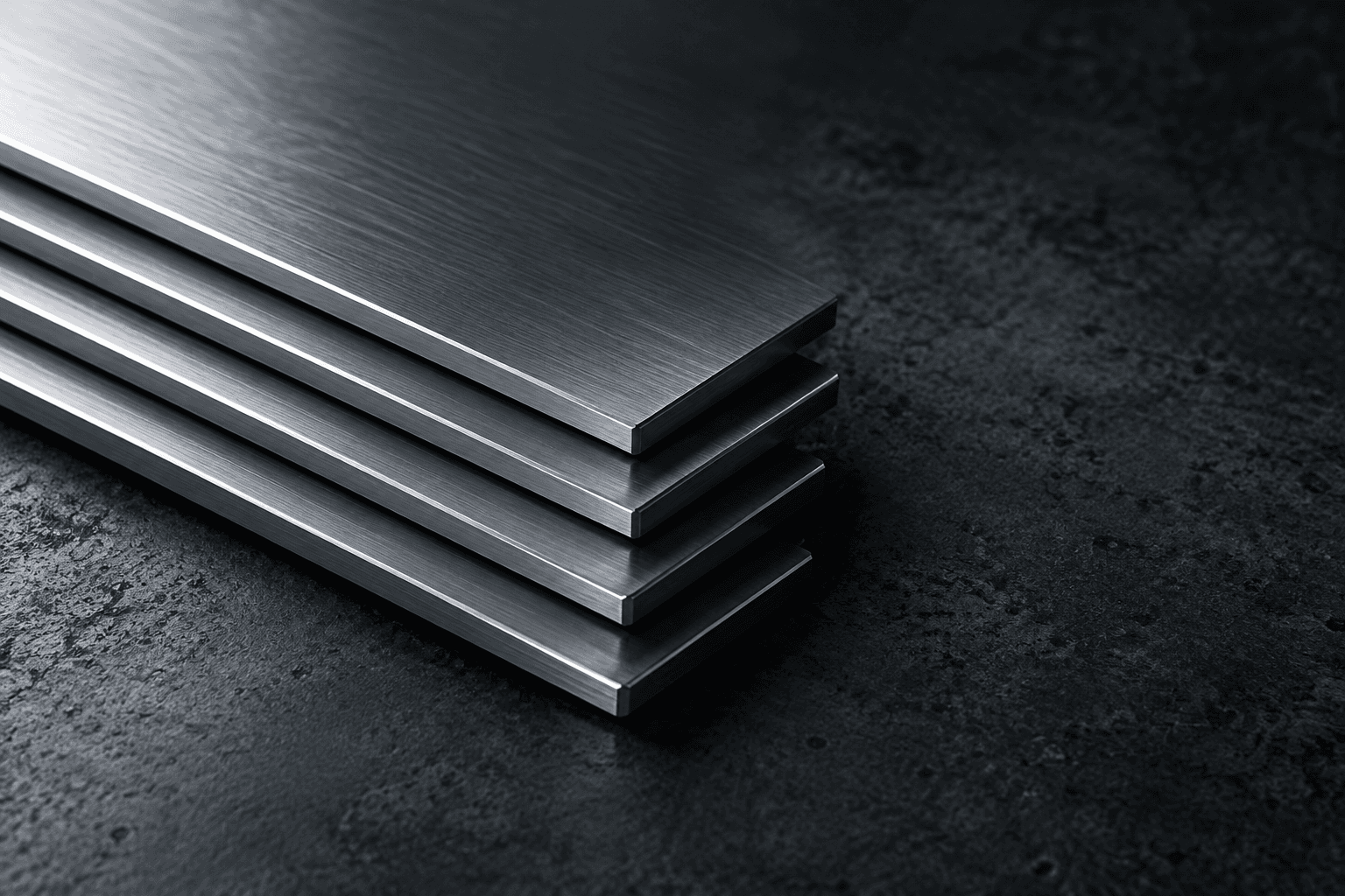 Stacked brushed steel sheets with precisely cut edges on a dark surface