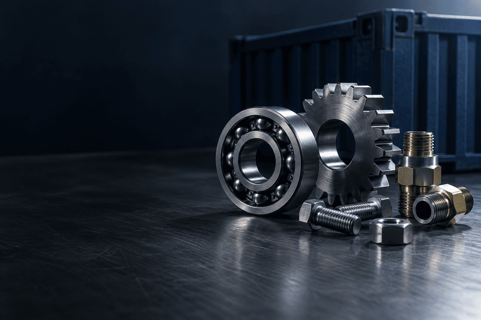 Machined bearings, a gear, and threaded fittings arranged on a dark steel workbench